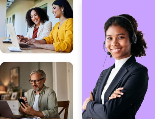 an interpreter, women working on a laptop, and a man using a smart phone